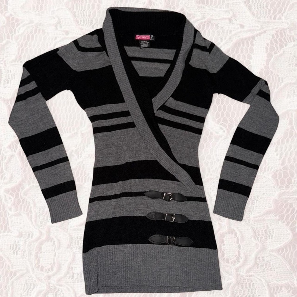 Say What? Black and Gray Striped Wrap Sweater with Buckle Accents